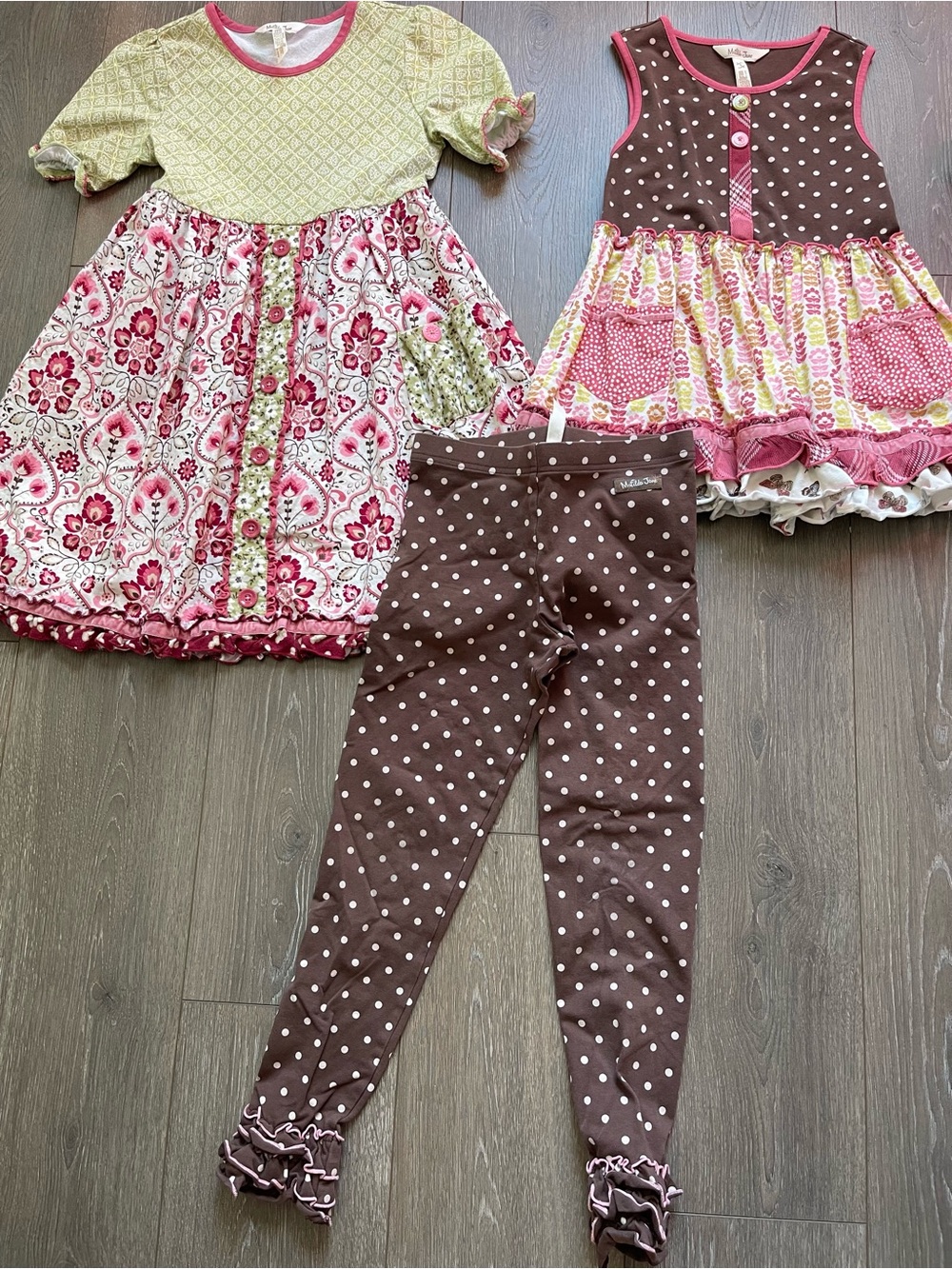 Matilda Jane Brown Polka Dot Girls Tunic, Dress, pants with Pink Floral Trim